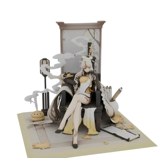 3D model of an elegant woman in flowing robes seated on a throne, with Asian-inspired decorative elements like a screen and l