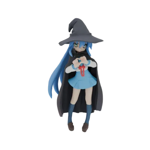 3D model of an anime witch girl with blue hair, black cloak, and pointed hat, standing with hands near her chest.