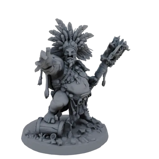 3D model render of a tribal shaman with a feather headdress and rattle, standing on a base with a broken drum.