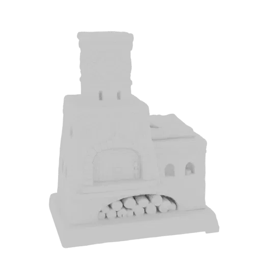 3D model render of a rustic stone oven with a visible stack of firewood at its base, against a white background.