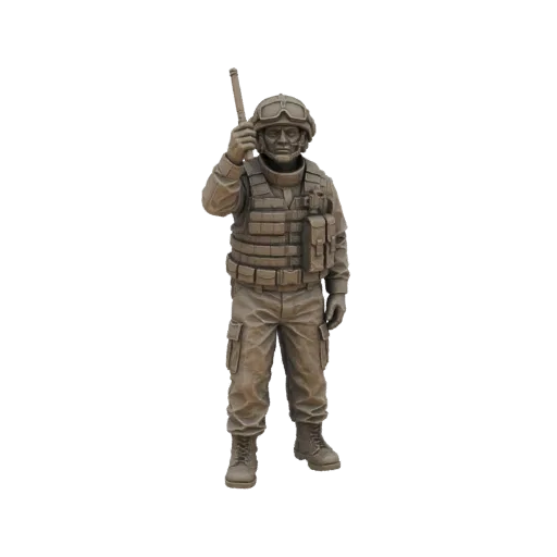 3D model of a modern soldier in tactical gear holding a radio, rendered in a neutral brown material.