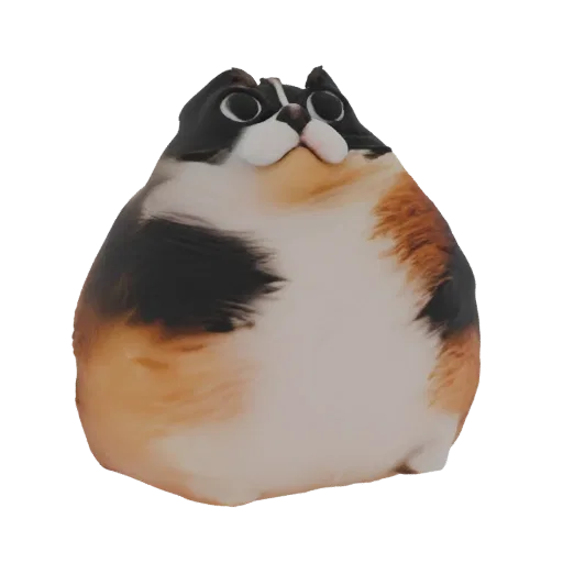 A 3D render of a very round, chubby calico cat with black, white, and orange fur, large eyes, and a cute expression.