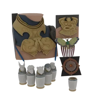 Modello 3D di vasi canopi egizi antichi con teste di animali (umano, babbuino, sciacallo, falco) e un amuleto dorato con uno