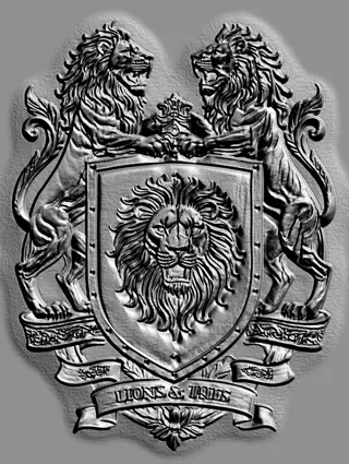 Modelo 3D de brasão em estilo relevo com dois leões segurando uma coroa e a inscrição "LIONS & TALES"