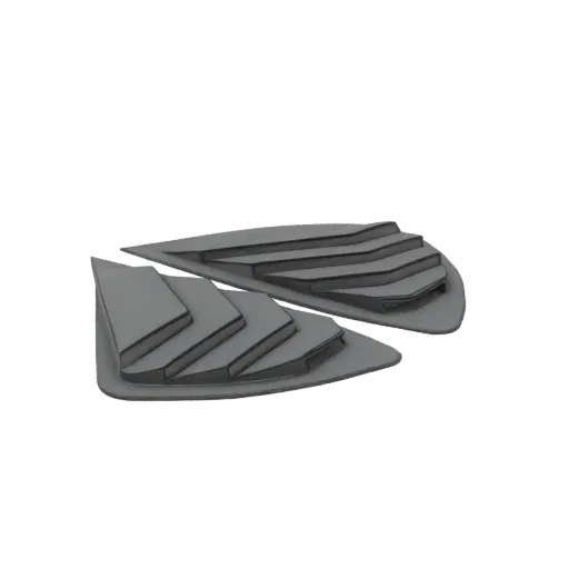 3D model of two gray car window louvers with a multi-slat design, viewed from a slightly elevated angle.
