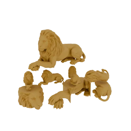 Una collezione di modelli 3D di leoni in varie pose, resi con una calda texture legnosa, su uno sfondo bianco.
