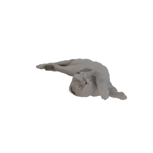 Modèle 3D d'un chat gris clair dormant paisiblement sur le côté, les yeux fermés et les pattes rentrées.