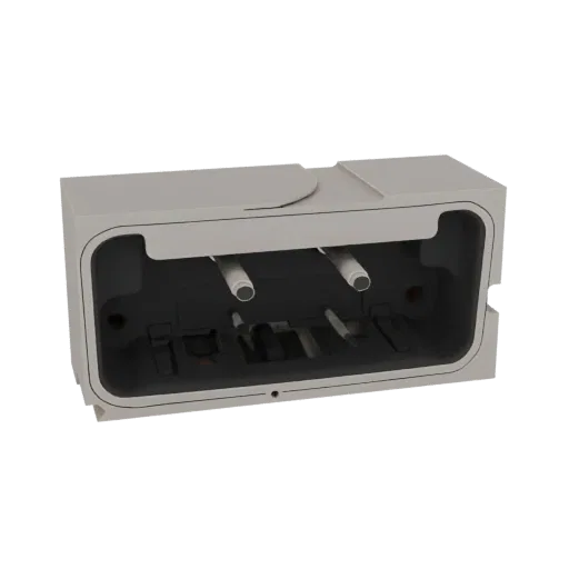 Renderização 3D de uma caixa de conector industrial modular cinza claro com pinos internos visíveis e componentes internos ci