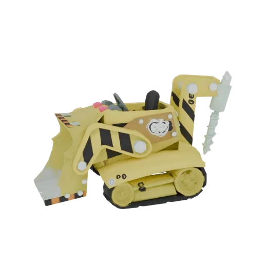 3D-Modell eines gelben Spielzeug-Baggers mit Bohrer-Aufsatz, mit schwarz-gelben Warnstreifen und einem verspielten Design.