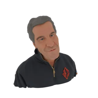 3D model of a caricature bust of a smiling man with gray hair, wearing a dark jacket with a red emblem.