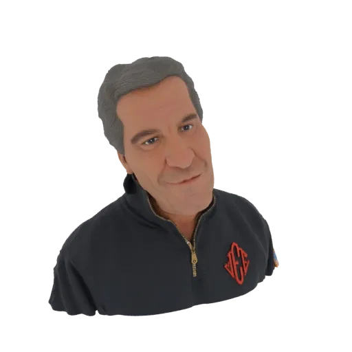 3D-Modell einer Karikatur-Büste eines lächelnden Mannes mit grauem Haar, der eine dunkle Jacke mit einem roten Emblem trägt.