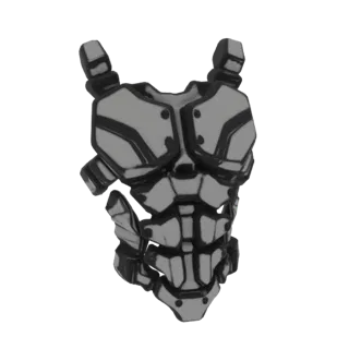 3D model of a futuristic segmented chest armor with metallic gray and black plating, featuring shoulder pauldrons and intrica