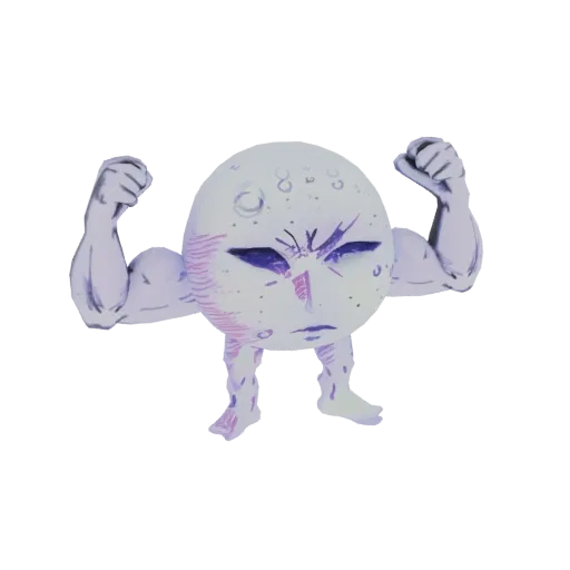 3D model of a cartoonish, muscular moon character flexing its biceps, with a determined expression and cratered surface.