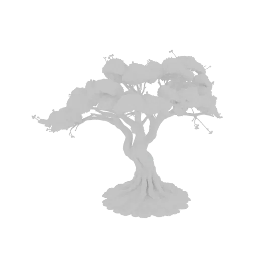 Ein 3D-Modell-Rendering eines gedrehten Bonsai-Baums mit knorrigem Stamm und voller grüner Krone vor einem weißen Hintergrund