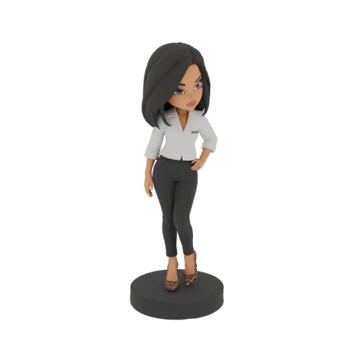 Modèle 3D d'une femme d'affaires stylisée debout avec assurance, portant un blazer blanc, un pantalon gris et des talons léop