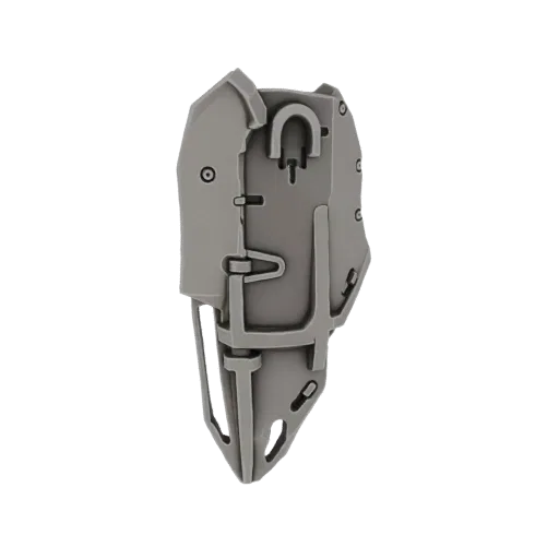 3D model render of a gray modular tactical holster with intricate details and attachment points.