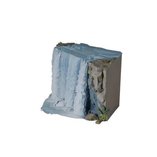 Waterfall Cliff Scene Realistic 3D model, three-quarter environment render, showing wet stone, water edges.