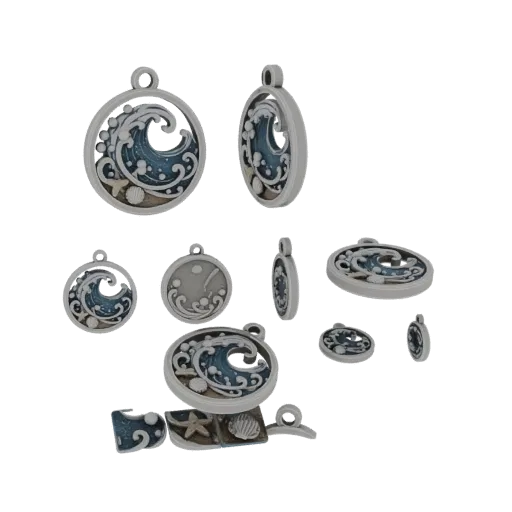 3D model of a round pendant featuring a stylized ocean wave, seashells, and a starfish, with a silver-like border and hanging