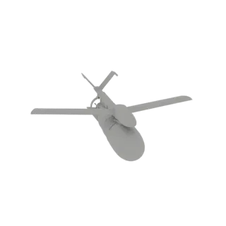 Rendu 3D d'un drone gris aux ailes en flèche proéminentes, sur fond blanc.