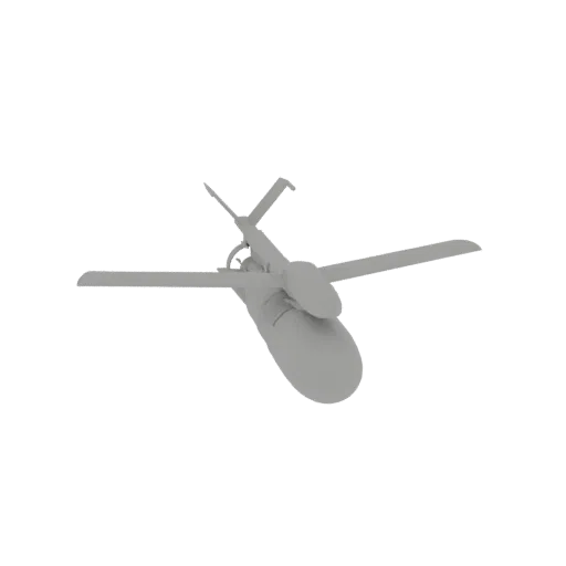 A 3D render of a gray drone with prominent forward-swept wings, set against a white background.