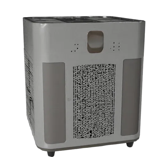 Compact Air Purifier Realistic 3D model, home interior, three-quarter studio render, plastic detail.