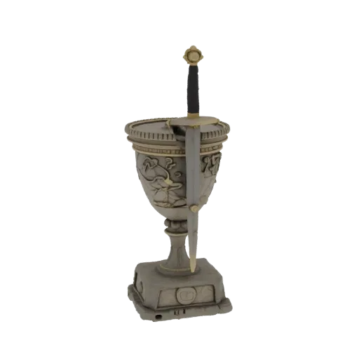 3D model of a medieval-style victory cup with a 15th-century hand-and-a-half sword, set on a stone pedestal.