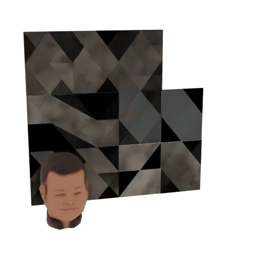 Modelo 3D de una pared geométrica con una cabeza humana integrada en el diseño, renderizado sobre un fondo blanco.