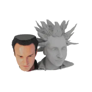 3D model bust of Edward Scissorhands with spiky hair, placed next to a photorealistic render of his face.