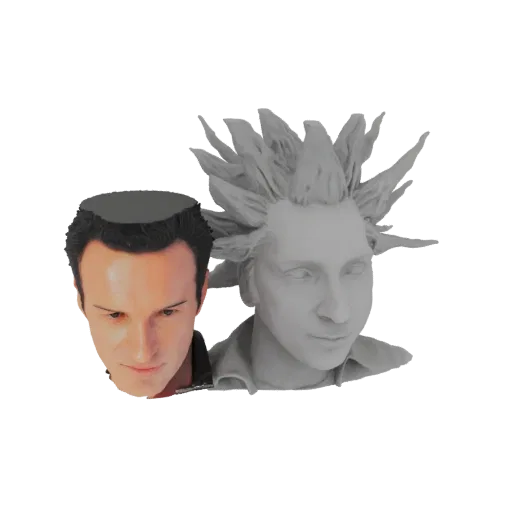 3D-Modellbüste von Edward mit den Scherenhänden mit stacheligen Haaren, neben einem fotorealistischen Rendering seines Gesich