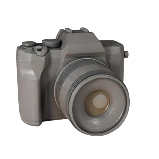 Mirrorless Instant Camera Low Poly 3D model, game viewport three-quarter view, showing textured grips, lens barrels.