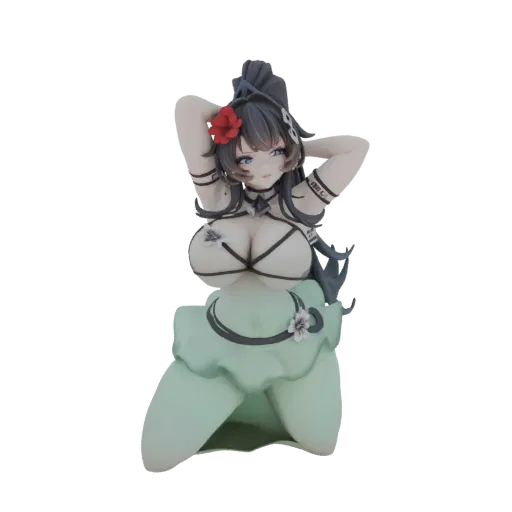 3D model of an anime girl with a red flower in her hair, wearing a white bikini top and a flowing green skirt, posed dynamica