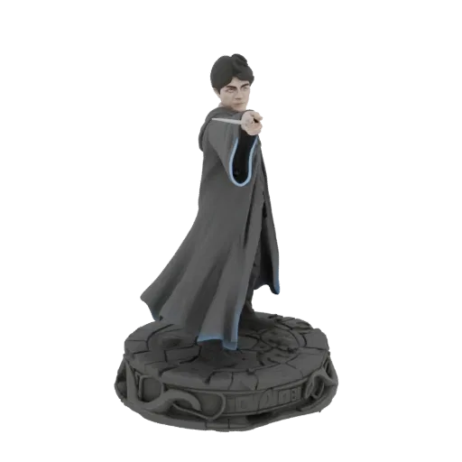 3D model of Harry Potter in wizard robes, holding a wand, standing on a detailed base.