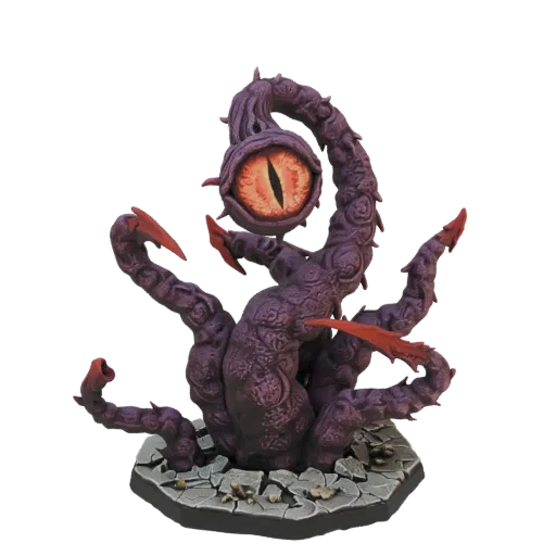 3D model of a purple tentacle monster with a large, menacing eye and sharp red claws, standing on a cracked stone base.