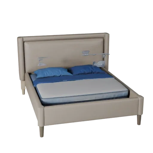 Upholstered Bed Frame 3D model, bedroom, three-quarter front view, Unreal Engine viewport, fabric detail.
