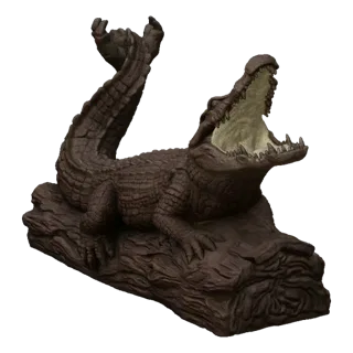 3D model render of a detailed terracotta alligator with its mouth open, resting on a textured log, against a black background