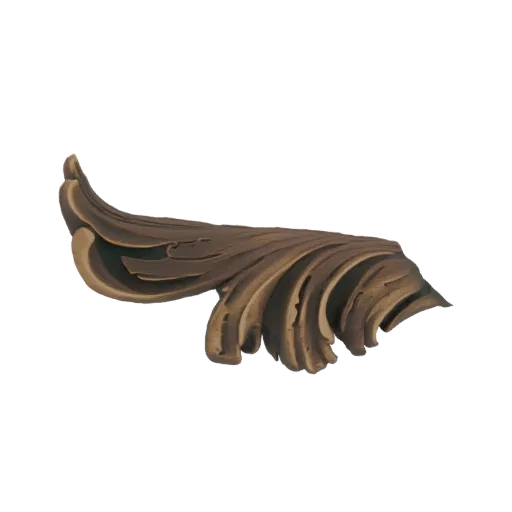 A 3D model of an ornate acanthus leaf scroll with a rich bronze finish, showcasing intricate carved details and flowing curve