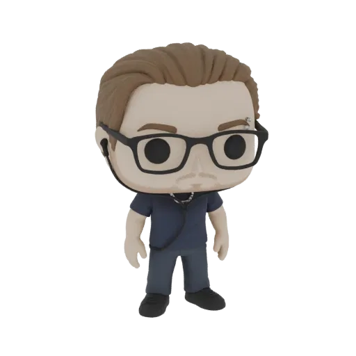 3D model of a stylized man with glasses, wearing a dark blue t-shirt and dark pants, in a Funko Pop figure style.