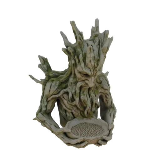 3D model of an ancient tree spirit bust with mossy bark, gnarled roots, and a textured offering bowl held in its hands.