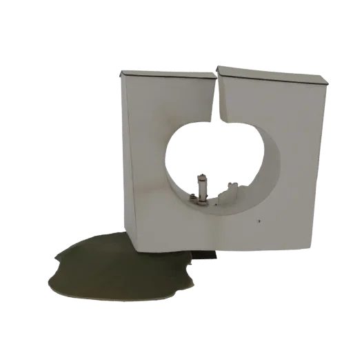 3D model of an abstract geometric sculpture with sharp white planes forming a central void, resting on a flowing green puddle
