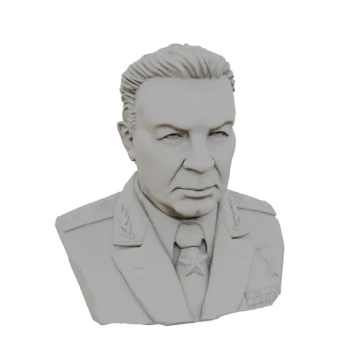 3D model bust of Marshal Georgy Zhukov, depicted in military uniform with medals, facing forward with a serious expression.