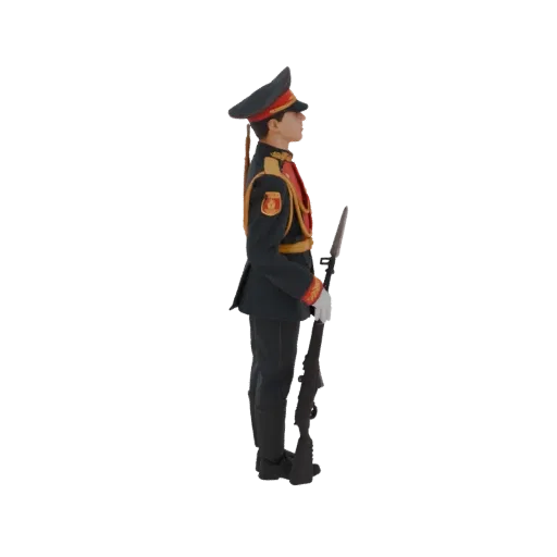 3D model of a ceremonial guard in a dark uniform with red accents, standing at attention and holding a rifle.