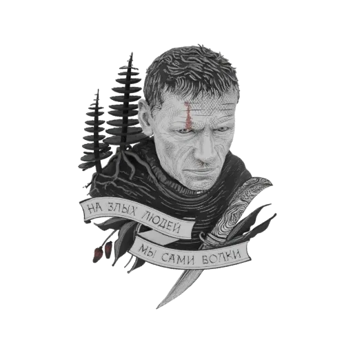 3D model of a grim warrior with a scar, wearing a cloak, with a wolf banner and a knife, rendered in a black and white illust