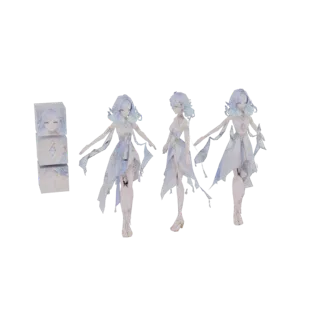 Modelo 3D de uma feiticeira de gelo etérea com cabelo azul esvoaçante e um vestido branco translúcido, mostrada em três poses