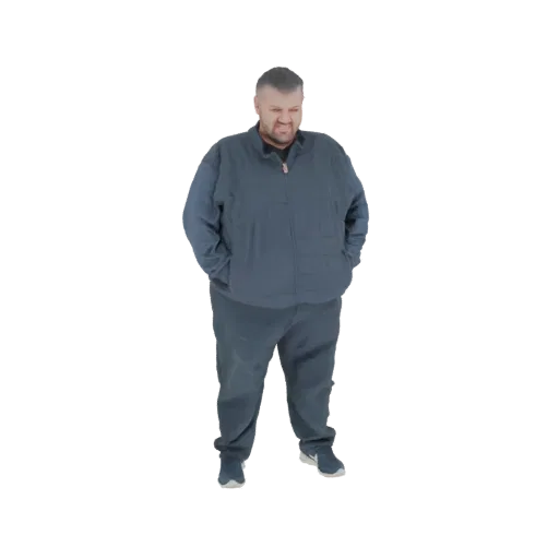 3D model of a man wearing a dark padded jacket and grey sweatpants, standing with hands in pockets.