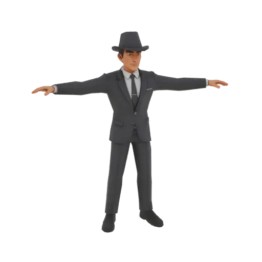 3D model of a stylized male gangster in a dark suit and fedora, standing in a T-pose with arms outstretched against a white b