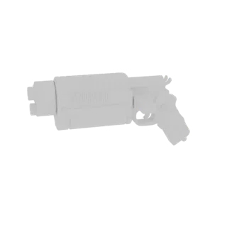 3D model render of a futuristic sci-fi revolver with a cylindrical magazine, presented on a plain white background.