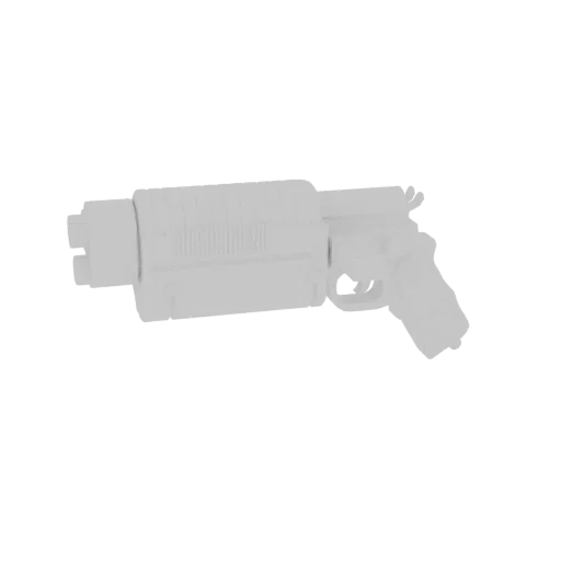 3D model render of a futuristic sci-fi revolver with a cylindrical magazine, presented on a plain white background.
