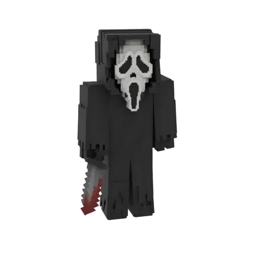 A pixelated 3D model of the Ghostface killer from Scream, holding a bloody knife, rendered against a white background.