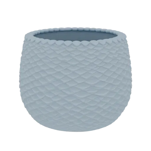 A 3D render of a light blue planter pot with a detailed, repeating scale pattern covering its exterior surface.