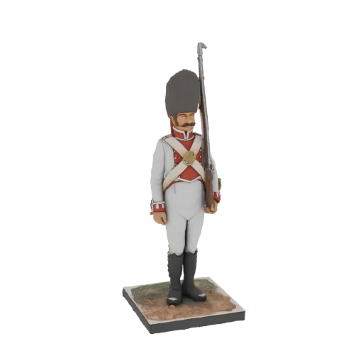 3D model of an 18th-century grenadier soldier in uniform, holding a musket, standing on a textured base.
